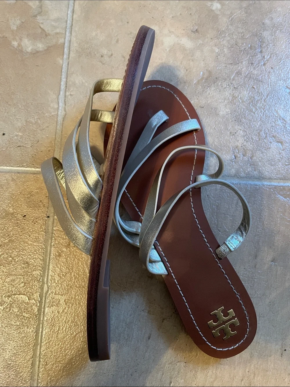 Tory Burch Silver Multi-Strap Leather Slide Sandals